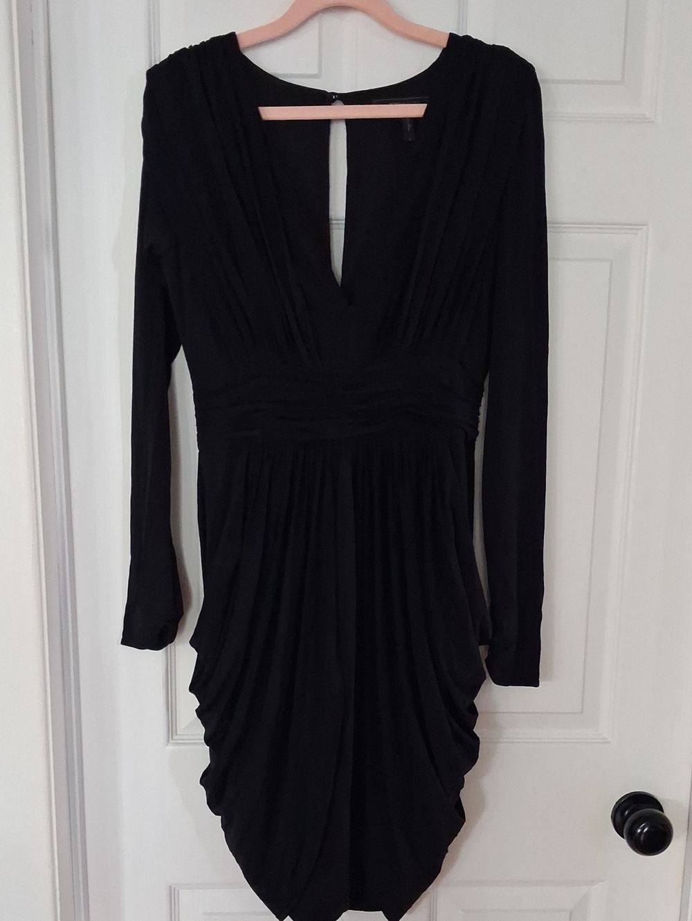 BCBGMaxAzria Black Draped Long-Sleeve Ruched-Waist Dress